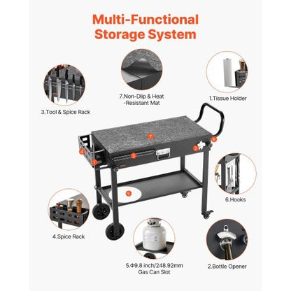 Outdoor Grill Cart, 31.0 x 17.0 inch Tabletop Size Grilling Table, Foldable Outdoor Cooking Table with Tissue Holder, Wheels, Magnetic Tool Rack, BBQ Prep Tables for Picnic, Kitchen, Courtyard