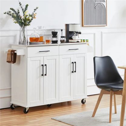 Renwick 42-Inch Mobile Kitchen Island with Storage Drawers and Cabinets in White