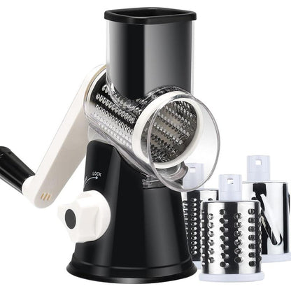 Rotary Cheese Grater with Handle, Manual Speed round Cheese Shredder with Strong Suction Base, Easy to Use Potato Hashbrown Shredder with 3 Replaceable Stainless Steel Drum (Black)