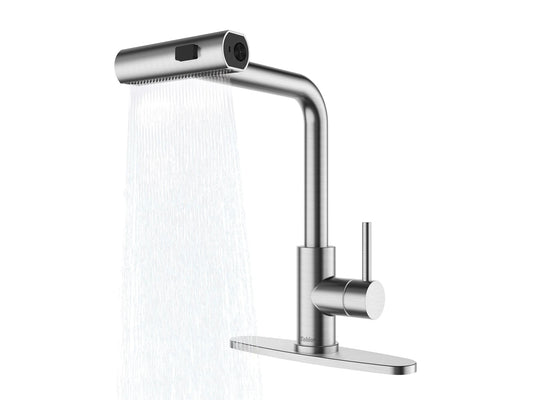 Stylish Waterfall Faucet with Pull Down Sprayer and Three Function Modes for Enhanced Kitchen Convenience