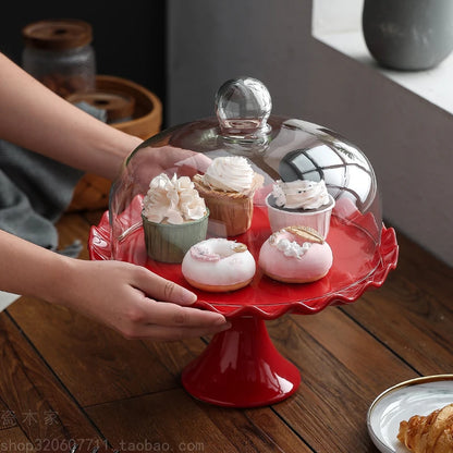 Ceramic tall cake tray bread dessert table display stand wedding red afternoon tea glass cover