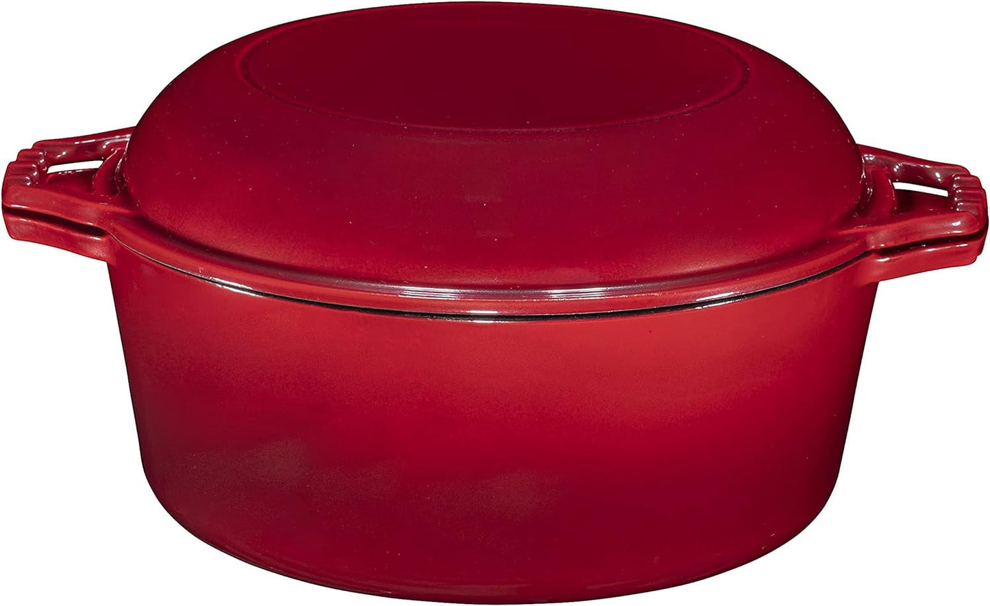 Bruntmor 2-in-1 Enamel Cast Iron Dutch Oven with Skillet Lid - 7 Quart Red Cookware for Casseroles and Braising