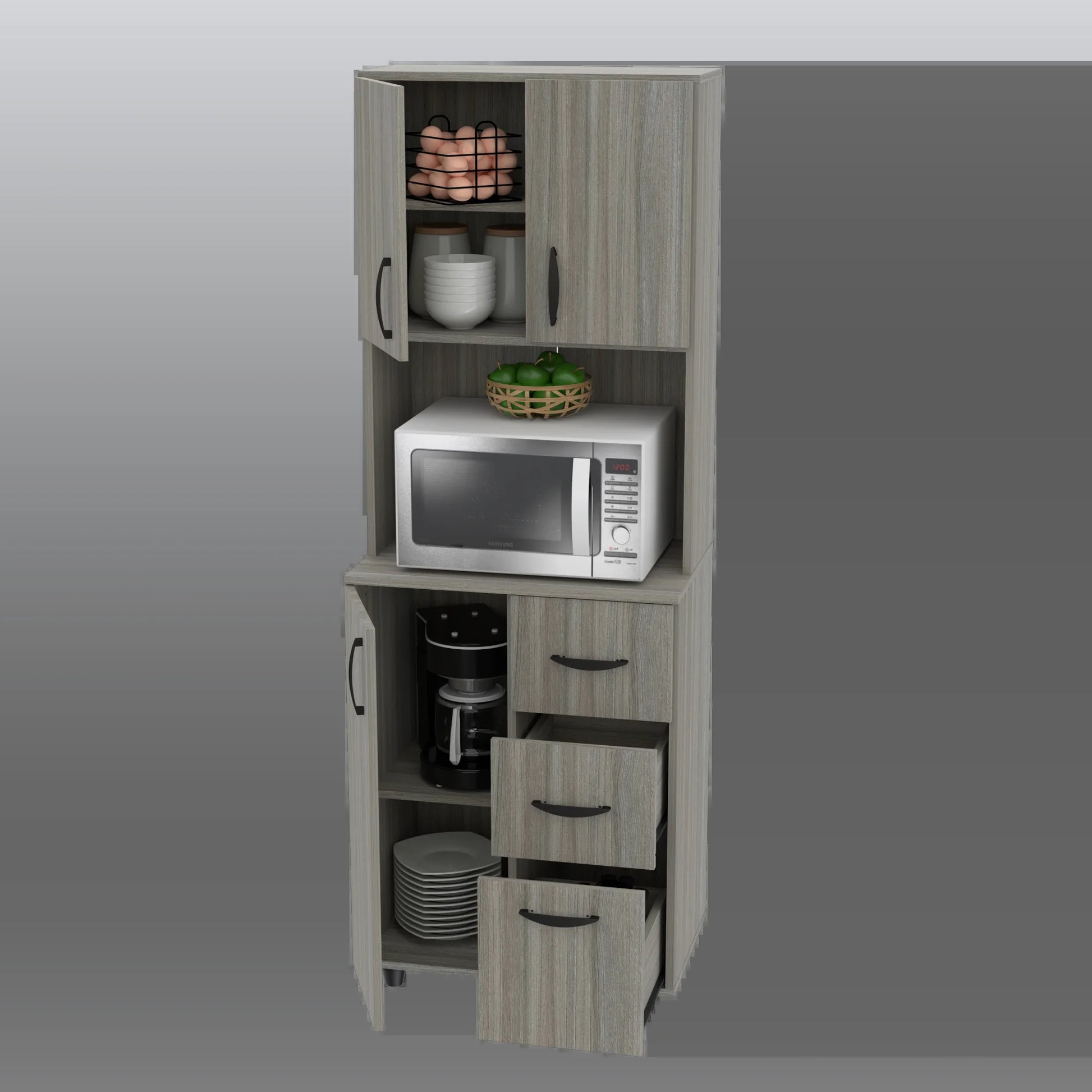 INVAL 3-Drawer 4-Shelf Kitchen/Microwave Storage Cabinet in Gray Smoke Oak