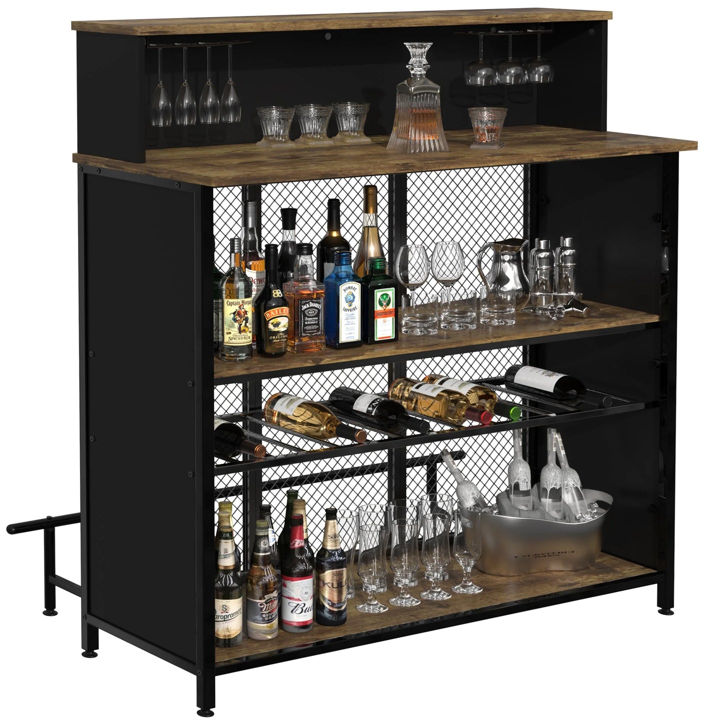 Stylish GDLF Mini Home Bar Cabinet with Storage & Footrest in Wood Gray