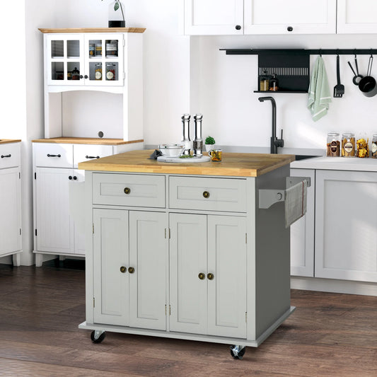 HOMCOM Rolling Kitchen Island Cart with Rubber Wood Top, Spice Rack, Towel Rack & Drawers for Dining Room, Grey