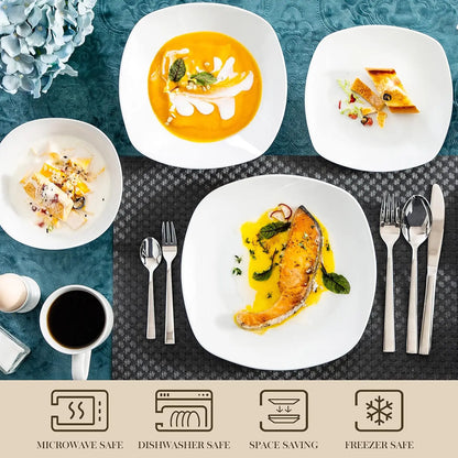 Dinnerware Sets 100-Piece Grey White Dish Set for 12 Square Dinner Set with Plates and Bowls Cups and Saucers Egg Cups Sugar Pot