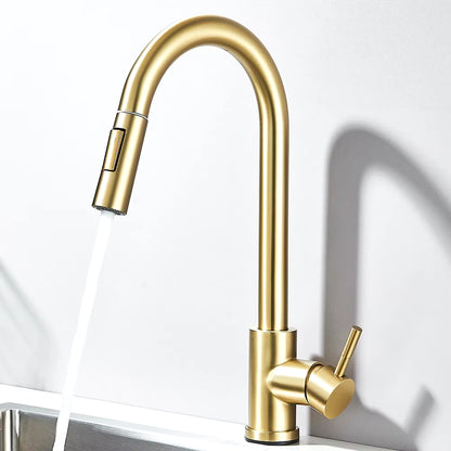 Brushed Gold Kitchen Faucet Pull Out Kitchen Sink Water Tap Single Handle Mixer Tap 360 Rotation Kitchen Shower Faucet