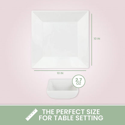 4-Pack of 10" x 10" White Square Melamine Plates - Durable and Elegant Dinnerware Set with Sauce Dish