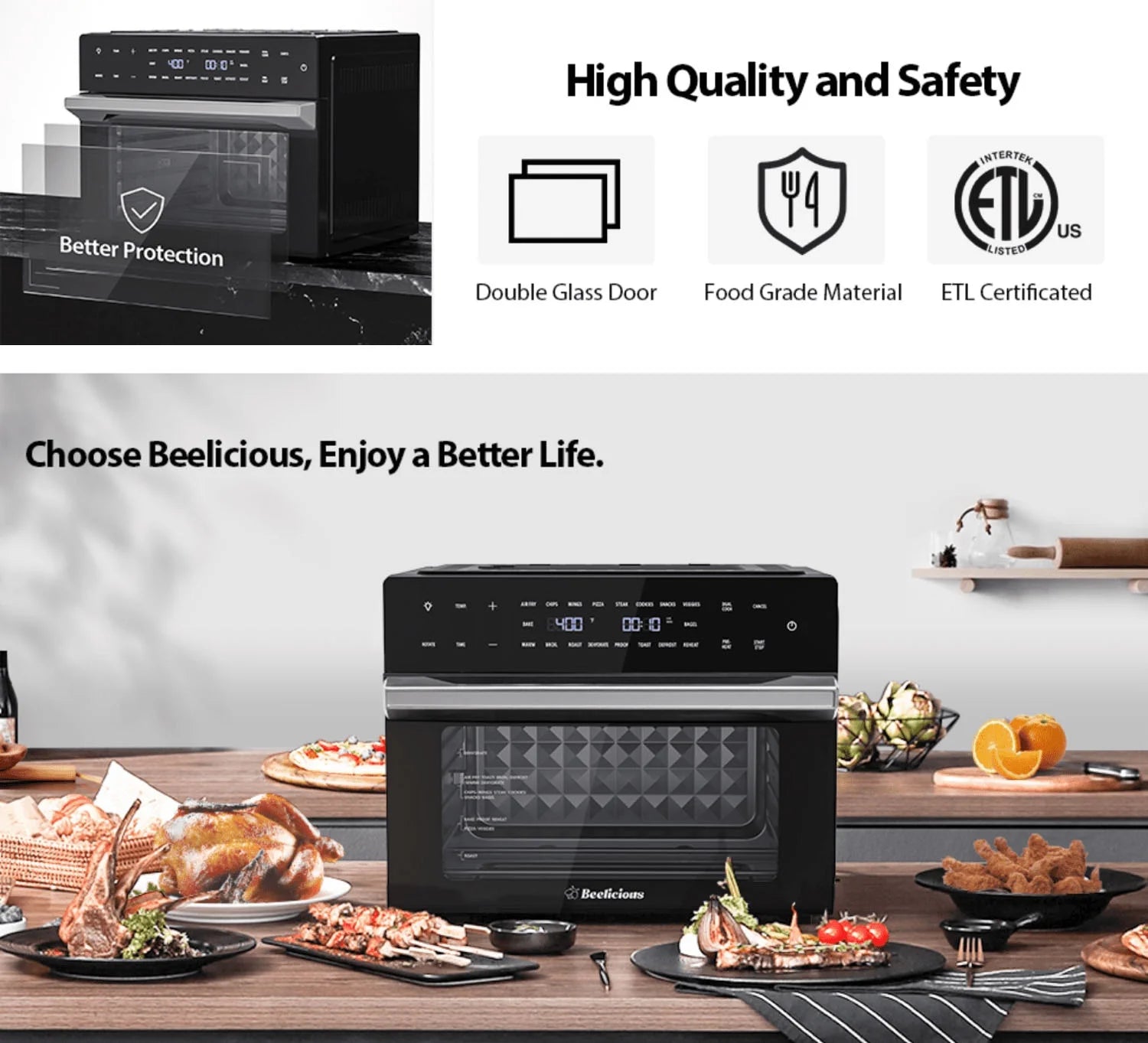 Beelicious 32 QT Large Air Fryer Ovens, Rotisserie Oven with Dehydrator, 19-In-1 Convection Toast Countertops Oven Combo, 6 Accessories