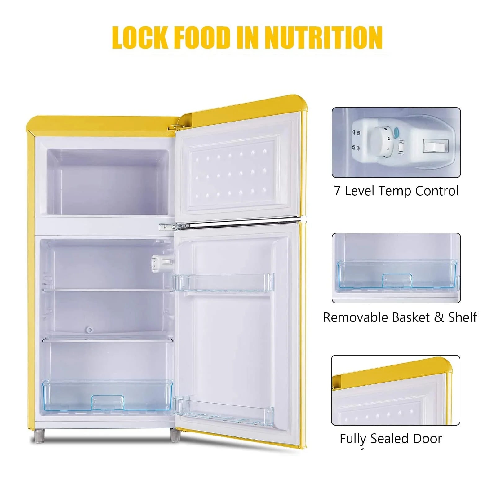 WANAI 3.2.Cu Ft Two Door Mini Fridge with Freezer, a Retro Look,(Yellow)