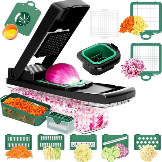 1 Set Vegetable Chopper with Container, Multifunctional 16 in 1 Stainless Steel Manual Vegetable Cutter Slicer for Home Kitchen