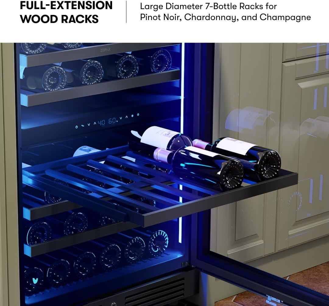 Zephyr Presrv 24" Dual Zone Wine Fridge - Stylish Mini Cooler for 45 Bottles, Perfect for Home Bar and Countertop Use, Freestanding with Elegant Glass Door