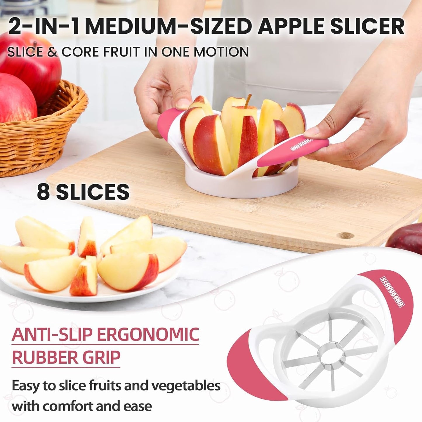 SCHVUBENR Professional 3.5-Inch Apple Slicer and Corer - Premium Stainless Steel Cutter with 8 Sharp Blades (Pink)