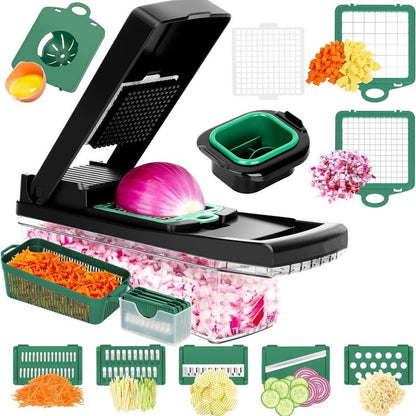 1 Set Vegetable Chopper with Container, Multifunctional 16 in 1 Stainless Steel Manual Vegetable Cutter Slicer for Home Kitchen
