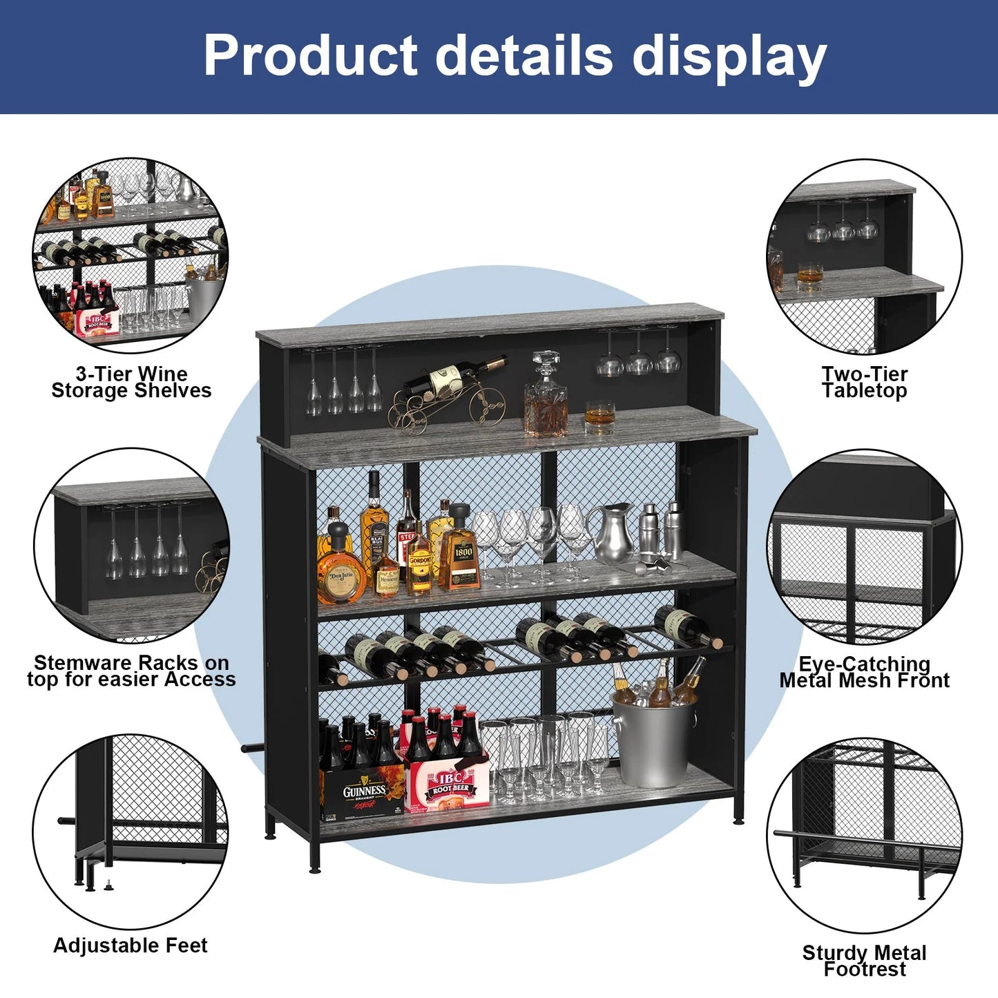 Stylish GDLF Mini Home Bar Cabinet with Storage & Footrest in Wood Gray