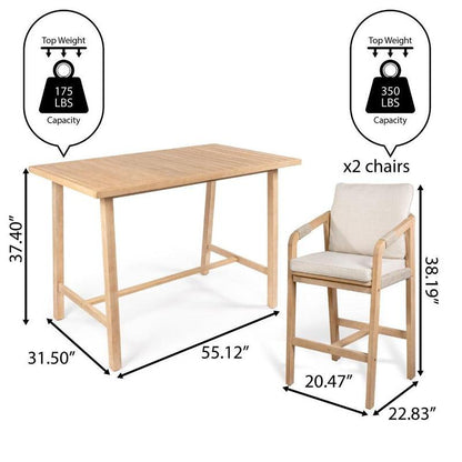 JONATHAN Y Porto Modern Coastal 3-Piece Acacia Wood Outdoor Bar Set with Cushions