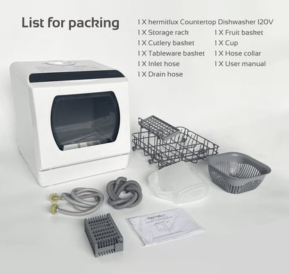 Hermitlux Portable Countertop Dishwasher, 5 Washing Programs, 5L Built-In Water Tank and Air-Dry Function, HMX-DW03