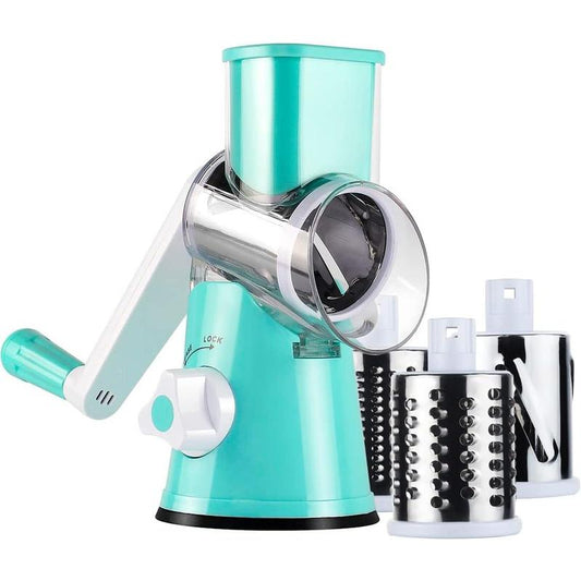 Rotary Cheese Grater with Handle, Manual Speed round Cheese Shredder with Strong Suction Base, Easy to Use Potato Hashbrown Shredder with 3 Replaceable Stainless Steel Drum (Black)