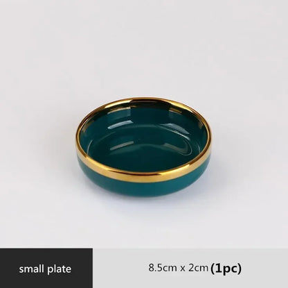 Gilt Rim Green Ceramic Plate Steak Food Plates Bowls Ins Dinner Dish Luxurious Porcelain Dinnerware Set for Family Hotel