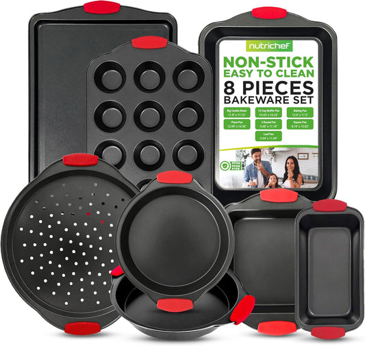 Nutrichef Deluxe Non-Stick Baking Pans Set - 8 Piece Commercial Grade Bakeware with Stylish Gray Coating and Red Silicone Handles