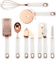 Upgrade Your Cooking Game with Our 7-Piece Stainless Steel Kitchen Gadget Set! Soft Touch Handles in Stylish Copper & White! 🍳✨
