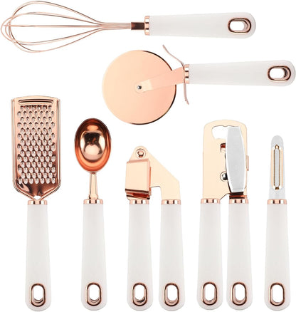 Upgrade Your Cooking Game with Our 7-Piece Stainless Steel Kitchen Gadget Set! Soft Touch Handles in Stylish Copper & White! 🍳✨