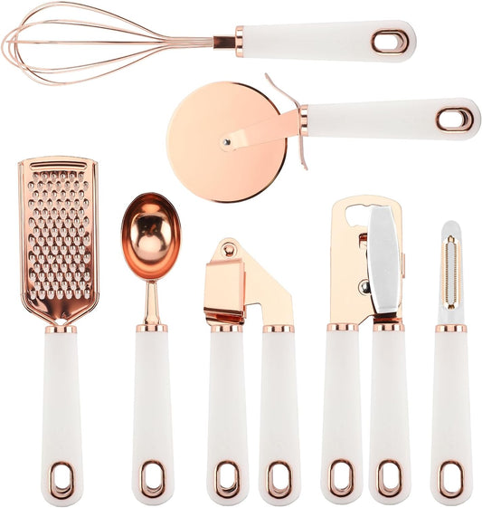 Upgrade Your Cooking Game with Our 7-Piece Stainless Steel Kitchen Gadget Set! Soft Touch Handles in Stylish Copper & White! 🍳✨