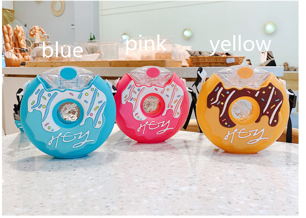 Color: New donut yellow - Donut Straw Cup Water Cup Drop-proof Portable Strap Plastic Cute Water Bottle