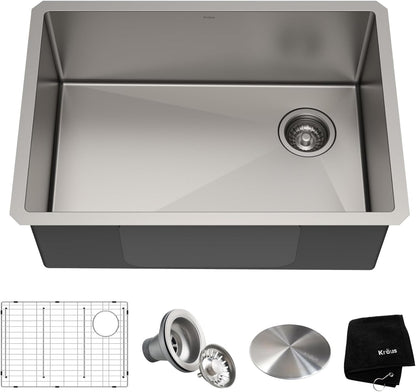 KHU110-27 PRO 27-Inch Undermount Sink Bundle - Complete Set with Sink, Bottom Grid, Assembly, Drain Cap, and Kitchen Towel