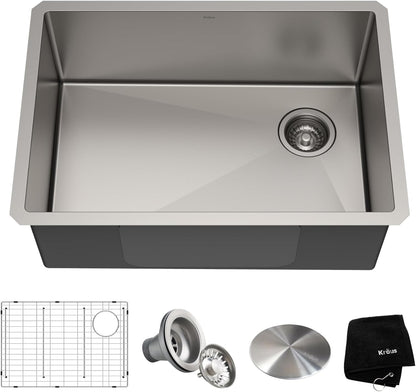 KHU110-27 PRO 27-Inch Undermount Sink Bundle - Complete Set with Sink, Bottom Grid, Assembly, Drain Cap, and Kitchen Towel