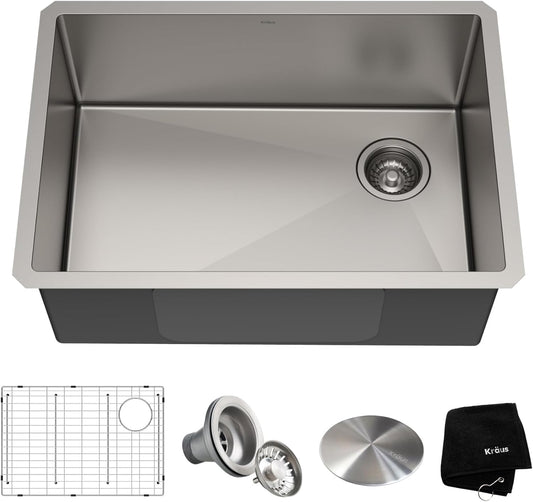 KHU110-27 PRO 27-Inch Undermount Sink Bundle - Complete Set with Sink, Bottom Grid, Assembly, Drain Cap, and Kitchen Towel