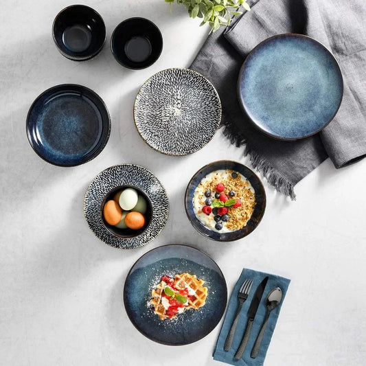 Cobalt Blue Dishes and Plates Sets, Matisse 16 Piece Double Bowl Dinnerware Set