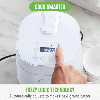 4-Cup Digital Rice Cooker with Removable Ceramic Pot - PFAS & PFOA-Free, Dishwasher Safe, Healthy Cooking for Oats and Grains, Auto Presets, Touch Screen, Delay Function, Keep Warm Feature, Includes Paddle, White