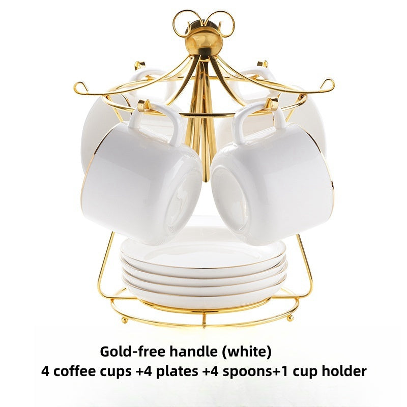 Color: White, Capacity: Gold free handle - Simple Gold-painted Coffee Cup Suit Luxury Ceramic European-style Latte Art Afternoon Tea With Shelf