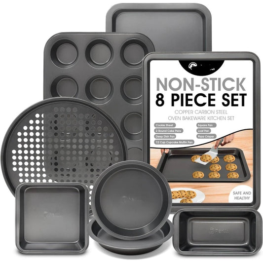 Baking Pan 8 Piece Set Nonstick Carbon Steel Gray Oven Safe Bakeware Kitchen Set, Cookie Sheet, 2 Round Cake Pans, Square Pan,