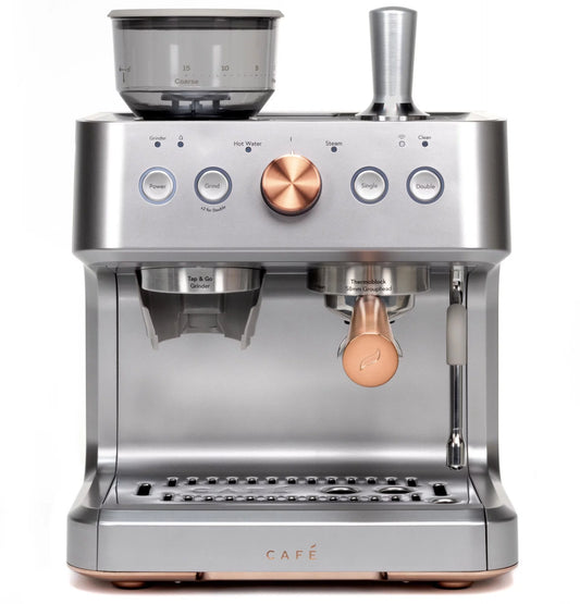 Café Bellissimo Semi-Automatic Espresso Machine with Milk Frother, Wi-Fi Connectivity, Built-In Bean Grinder, 15-Bar Pump, and 95-Ounce Water Reservoir in Steel Silver