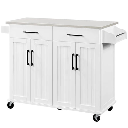Renwick 42-Inch Mobile Kitchen Island with Storage Drawers and Cabinets in White