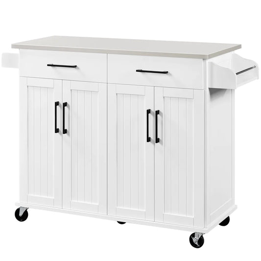 Renwick 42-Inch Mobile Kitchen Island with Storage Drawers and Cabinets in White