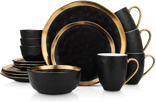 Stone Lain Florian Contemporary 16-Piece Porcelain Dinnerware Set with Black and Gold Rim for Four