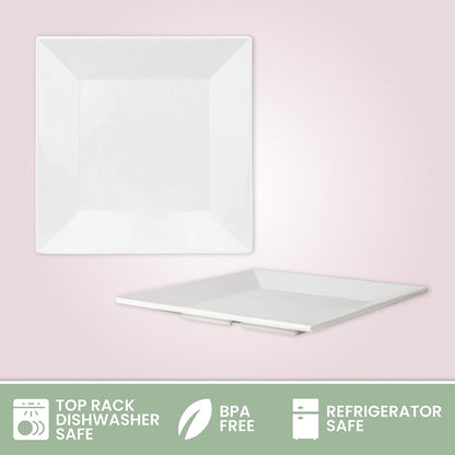 4-Pack of 10" x 10" White Square Melamine Plates - Durable and Elegant Dinnerware Set with Sauce Dish