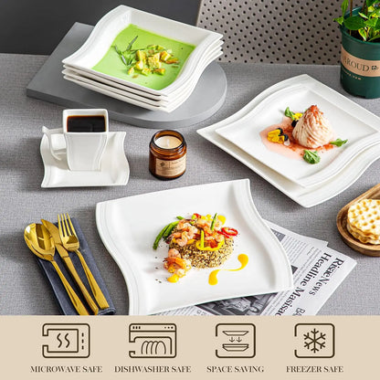 Ivory White Dinnerware Sets 60 Piece Kitchen Plates and Bowls Sets for 12 Porcelain Dish Set with Dinner Plates Set Cups