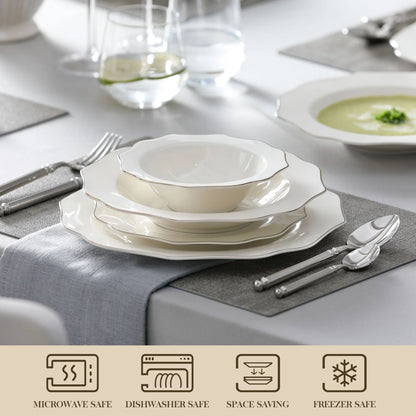 MALACASA Series LOTUS, 16-Piece Bone China Dinnerware Set, White with Golden Rim Dinner Sets, Service for 4