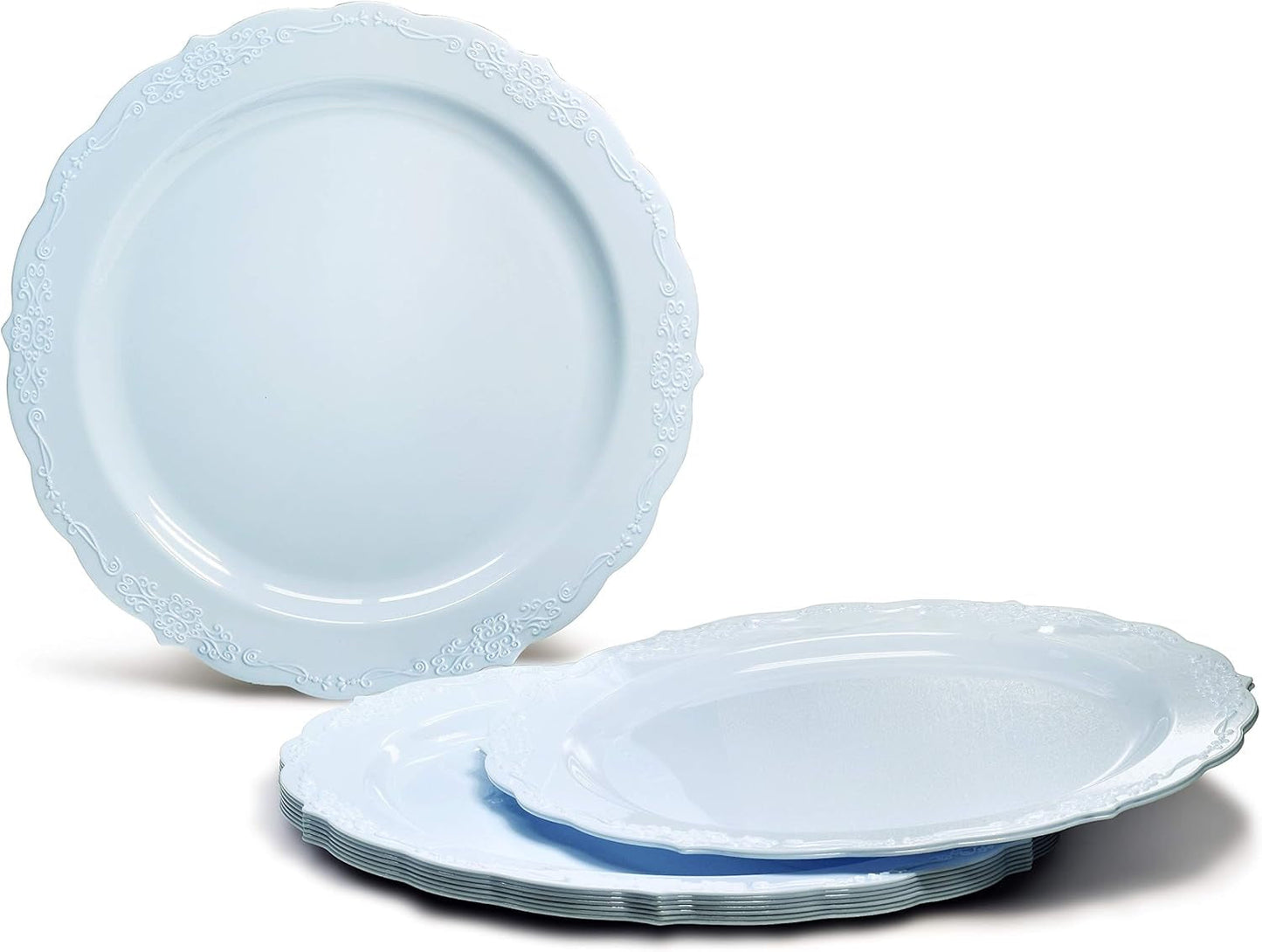 120-Count Verona Blue Vintage Wedding Party Disposable Plastic Plates Set for 60 Guests - Featuring 60 Dinner Plates (10") and 60 Salad/Dessert Plates (7.5")