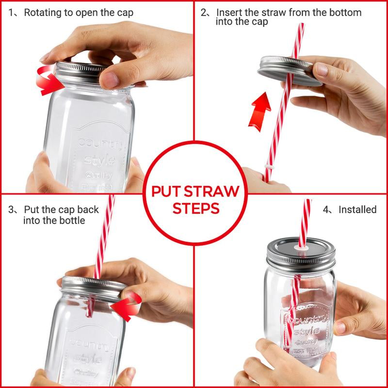 Mason Jars Wide Mouth with Lid,Container Clear Glass Bottle,Juice Container,Glass Bottle with Straw,Kitchen Utensils,6 Count Canister Tin,Two Styles Transparent Oval