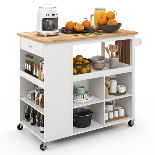 Mobile Kitchen Island Trolley Featuring Open Shelves and Drawer Storage