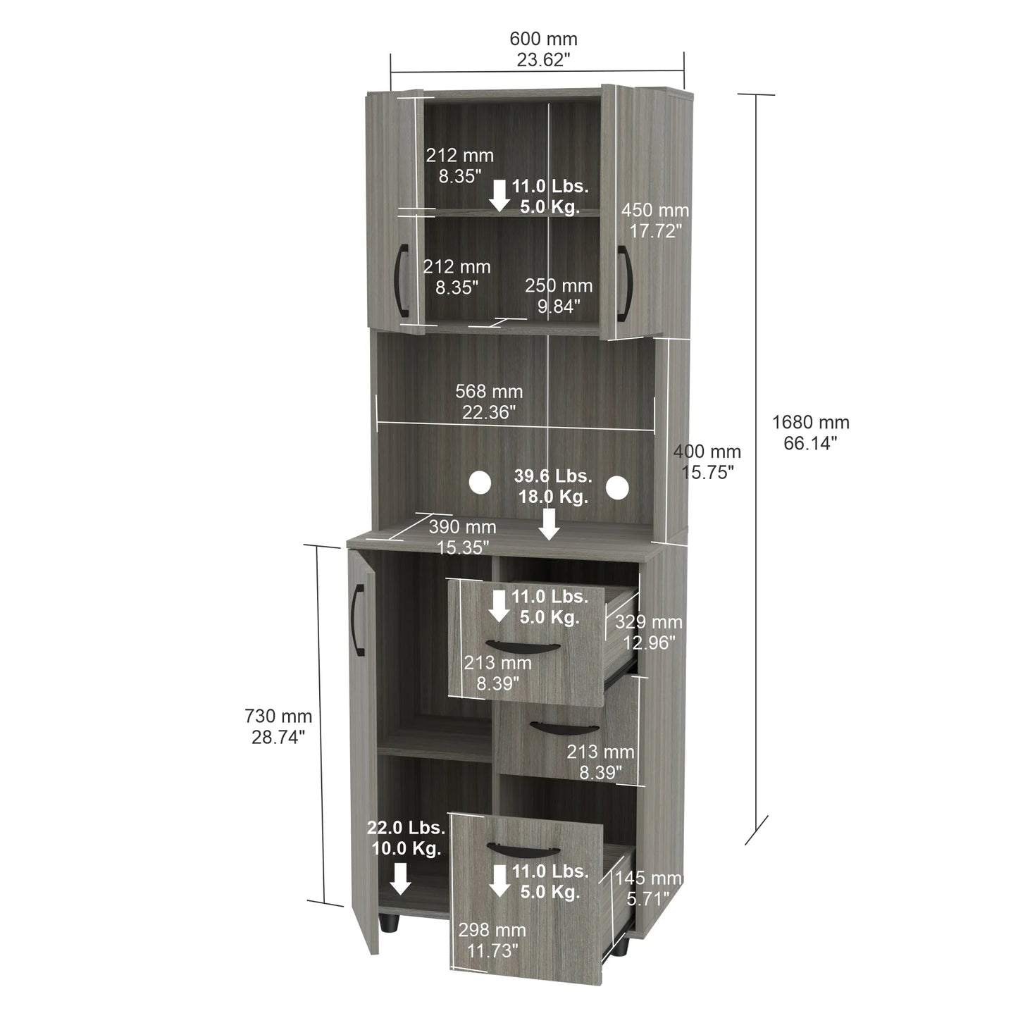 INVAL 3-Drawer 4-Shelf Kitchen/Microwave Storage Cabinet in Gray Smoke Oak