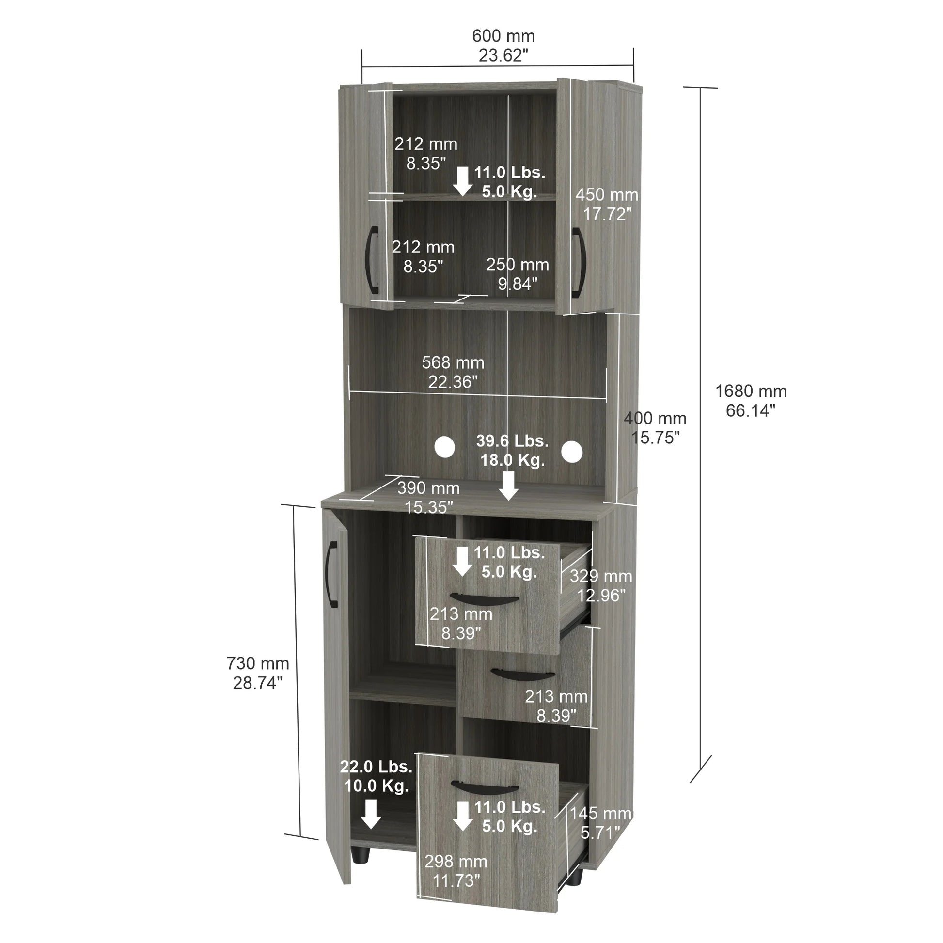 INVAL 3-Drawer 4-Shelf Kitchen/Microwave Storage Cabinet in Gray Smoke Oak