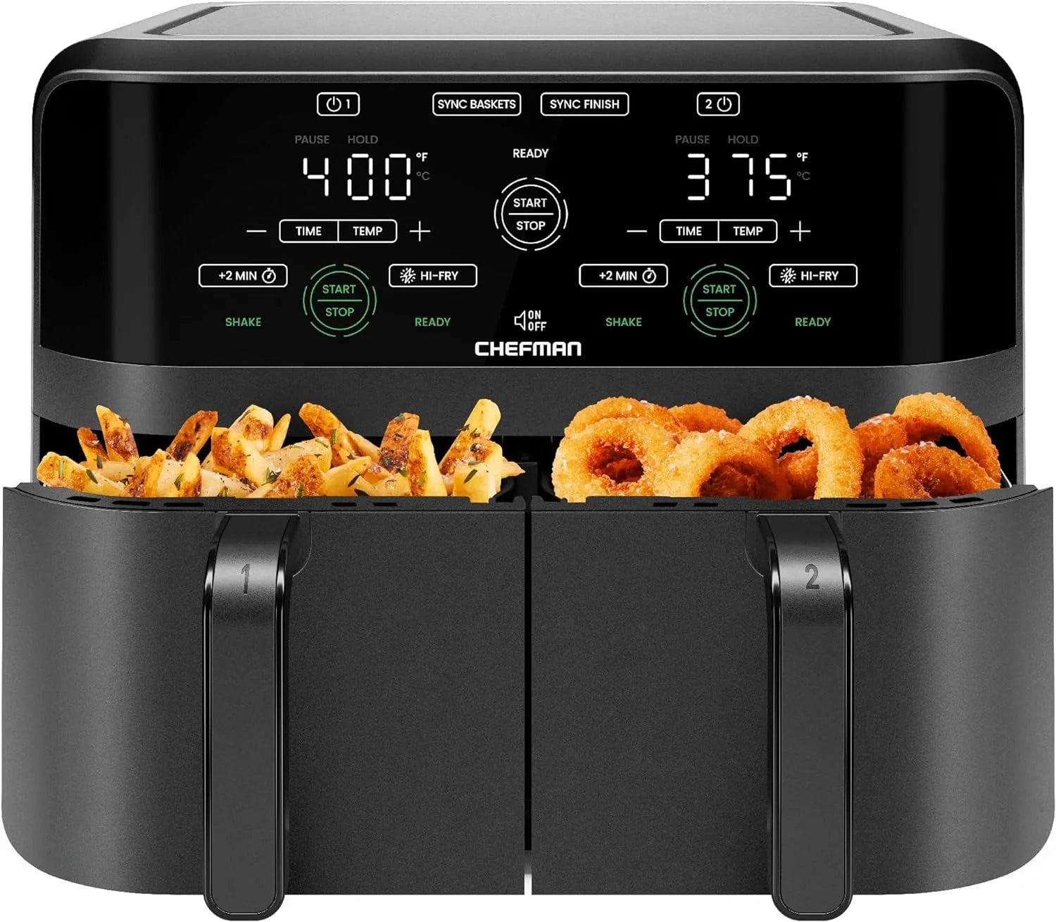 Chefman Dual Basket Air Fryer with Digital Touchscreen, Two Independent 3 Qt Baskets, Sync Finish - Black