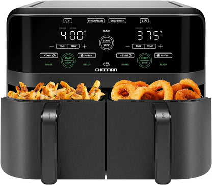 Chefman Dual Basket Air Fryer with Digital Touchscreen, Two Independent 3 Qt Baskets, Sync Finish - Black