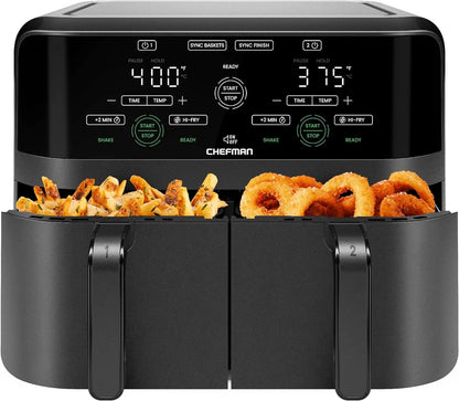 Chefman Dual Basket Air Fryer with Digital Touchscreen, Two Independent 3 Qt Baskets, Sync Finish - Black